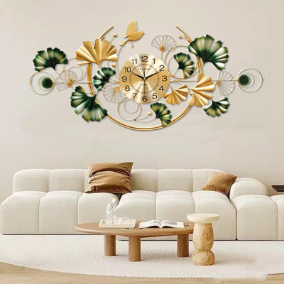 Horloge murale en métal en forme de feuille de ginkgo, horloge murale décorative pour chambre à coucher, salle à manger, bureau