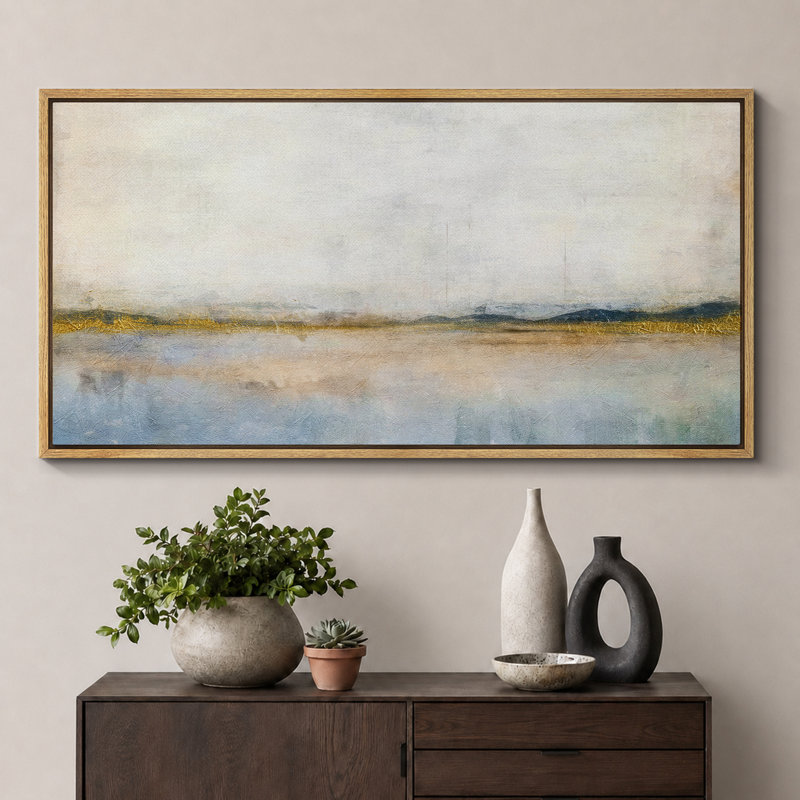 Minimal Landscape Reflective Lake with Golden Accents Modern Art Extra Large Artwork Print Wall Art, 30" H x 60" W, Natural