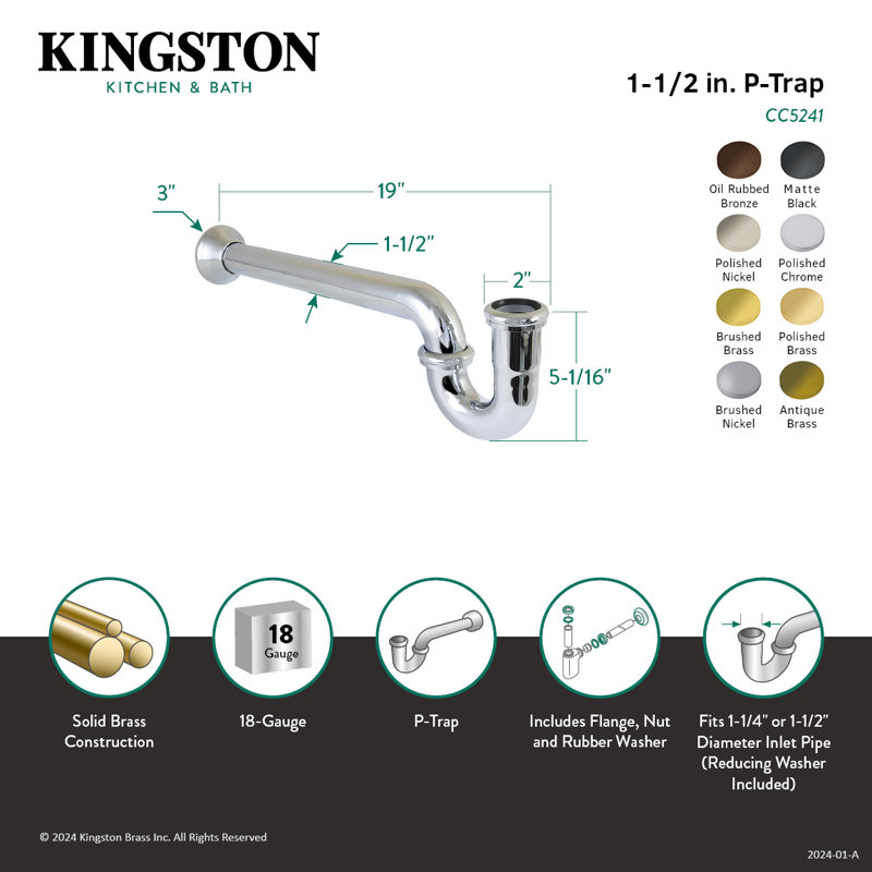 Kingston Brass Vintage 1-1/4 (or 1-1/2) x 1-1/2 Inch Decor P-Trap with Bell Flange, 19 Inch Length, 18 Gauge, Matte Black