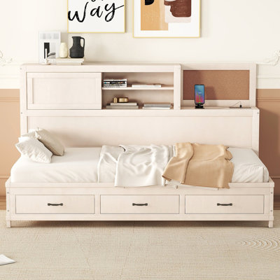 Lit de jour simple en bois confortable avec rangement et ports - Finition blanche en bois 3 espaces, panneau souple, prises de tablettes