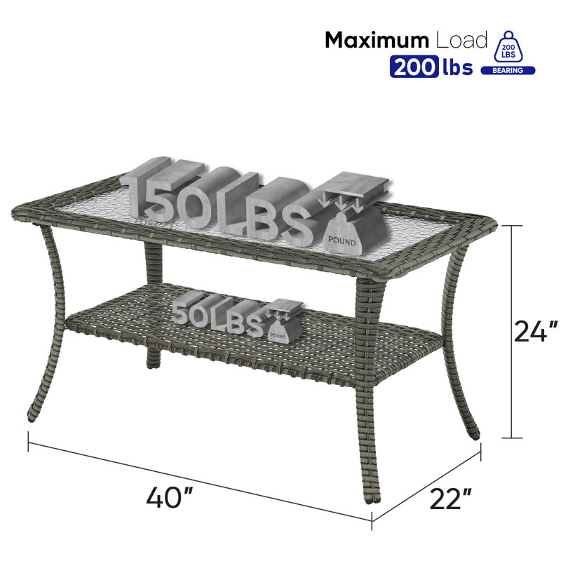 Bonia Rectangular 40'' L x 22'' W Outdoor PE Wicker Coffee Table, Gray