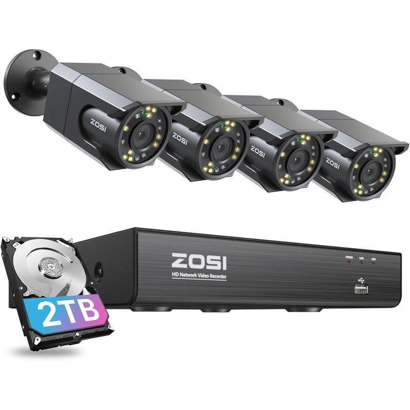 3K 5MP 8CH POE NVR Security Camera System 2TB HDD, 4pcs Outdoor POE Camera, Human Detection