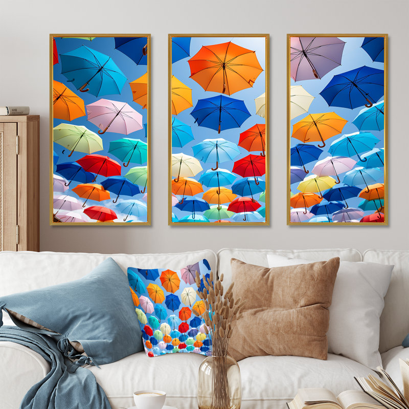 Rainbow Umbrellas Collage - Sky Canvas Art Set, Gold Floater Framed, 32" H x 48" W x 1" D
