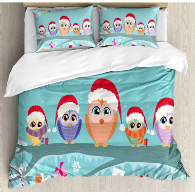 Ensemble de housse de couette Noël mignon famille de hiboux assis sur une branche comme les petits elfes de Noël
