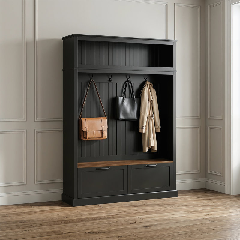 Multifunctional Entryway Storage Cabinet Featuring An Overhead Storage Compartment, 3 Adjustable Side Shelves, 4 Heavy-duty Hooks, 2 Spacious Drawers, A Slotted Back Panel, And A Two-tone Bench
