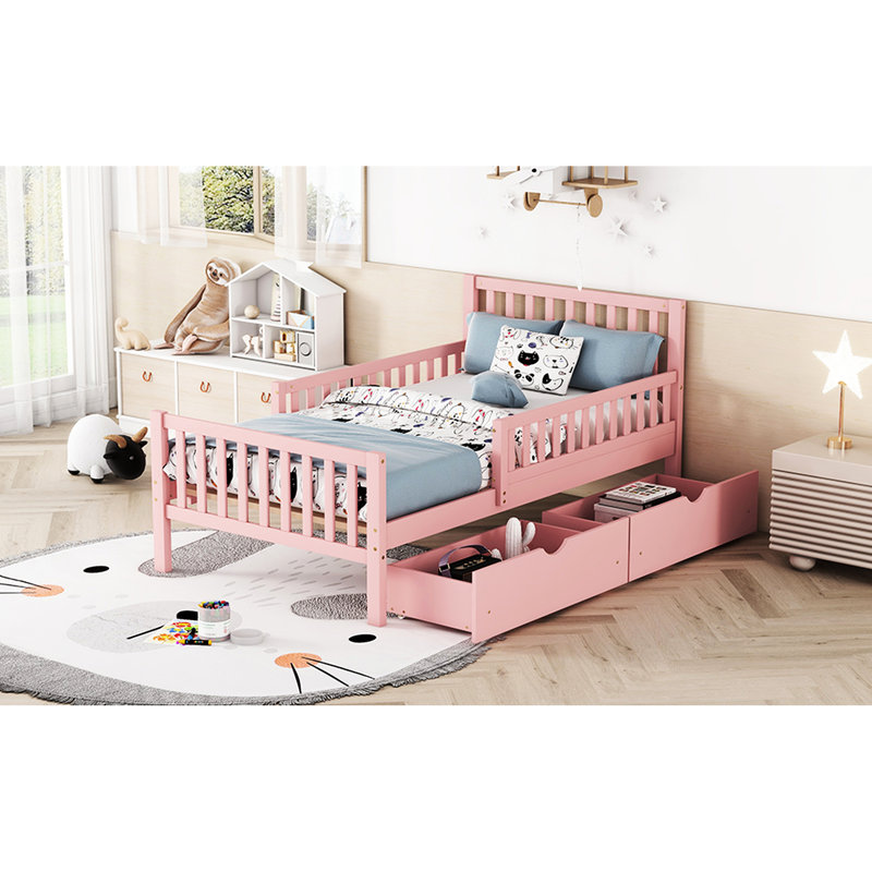 Lit simple en bois avec finition rose, garde-corps et plateforme de rangement fonctionnelle, Lit simple, Rose