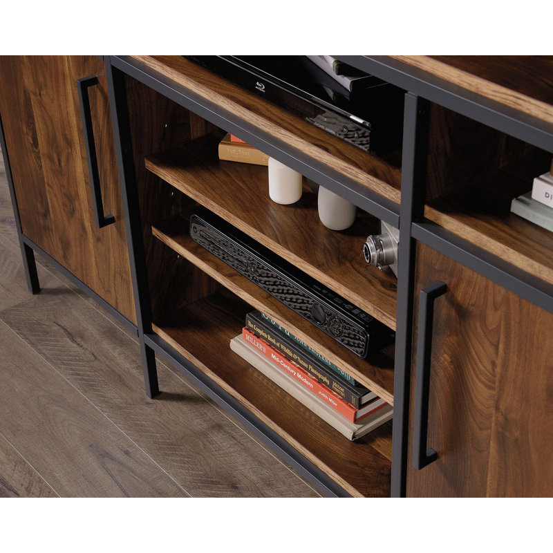 Grand Walnut and Black Metal TV Stand with Adjustable Shelves
