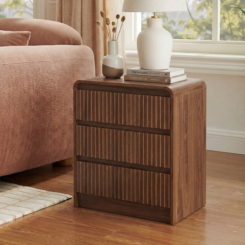 24" Fluted Nightstand with 3 Drawers and Charging Station, Wooden Bedside Table with Curved Profile Design, for Bedroom,Living Room
