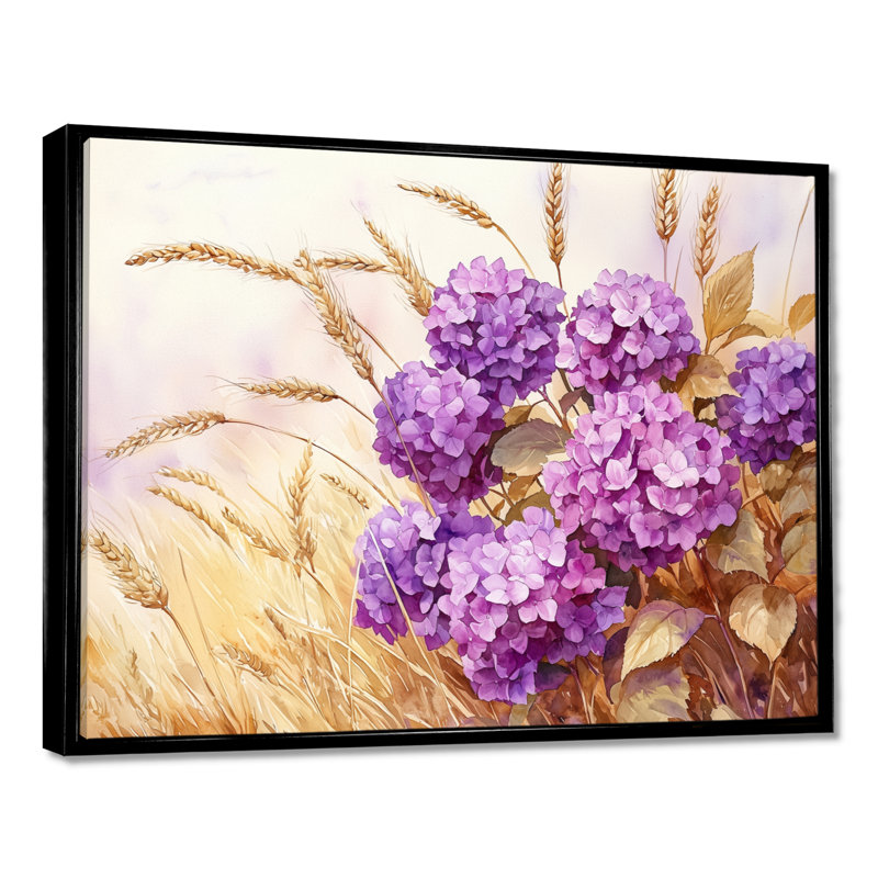 Hydrangeas In The Wheat Harvest III - Hydrangea Large Wall Art, 16" H x 32 W, Floater Framed Print, Black