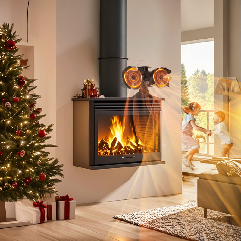 Dual-Head Stove Fan with 8-Blade Heat Powered Log Burners Fan Wood Burner Fan 25dB Quiet Operation without Electricity 60-340°C(140–644°F) Range for Wood, Fireplace Stoves