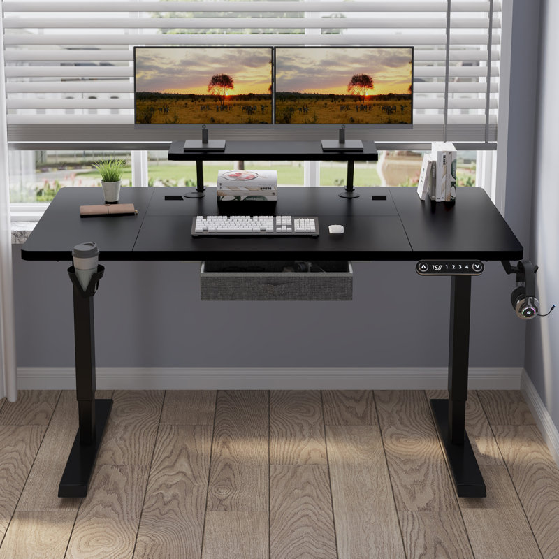 Lasherrie Height Adjustable Standing Desk With A Layer, 49" H x 55" W x 30" D, Black