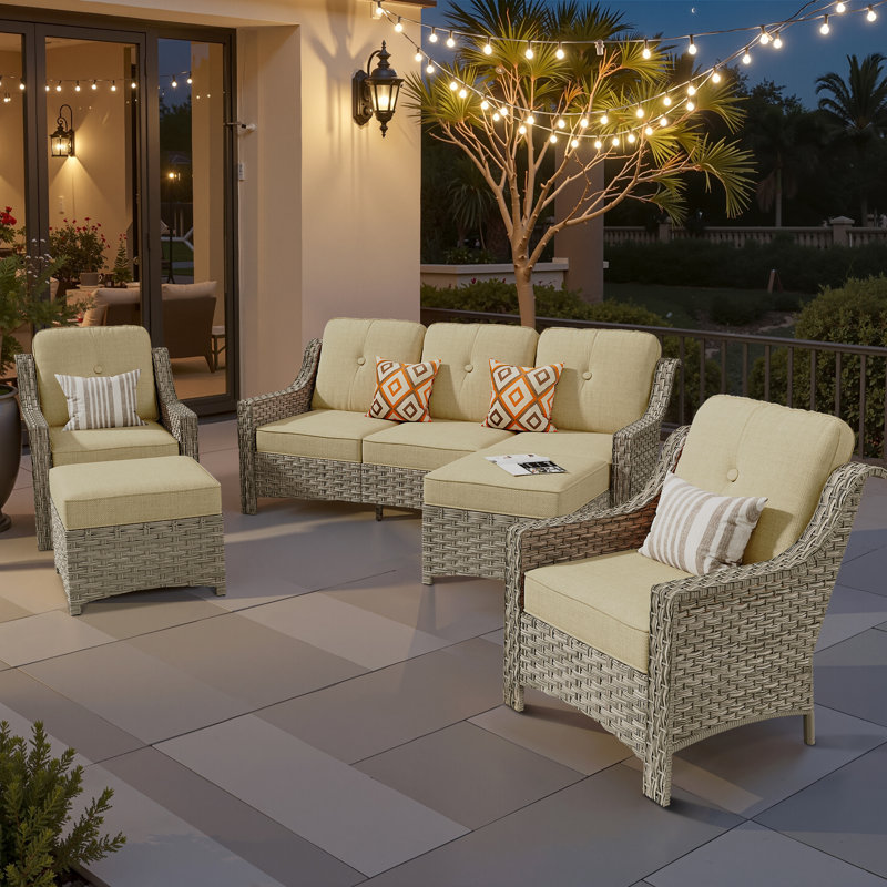 Harper Wicker 7 - Person Patio Conversation Set with Cushions, Beige
