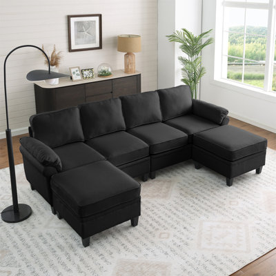 Canapé modulaire en tissu de lin noir de 102 pouces, canapé Cloud en forme de L avec espace de rangement sous le canapé, combinaison bricolage pour le salon
