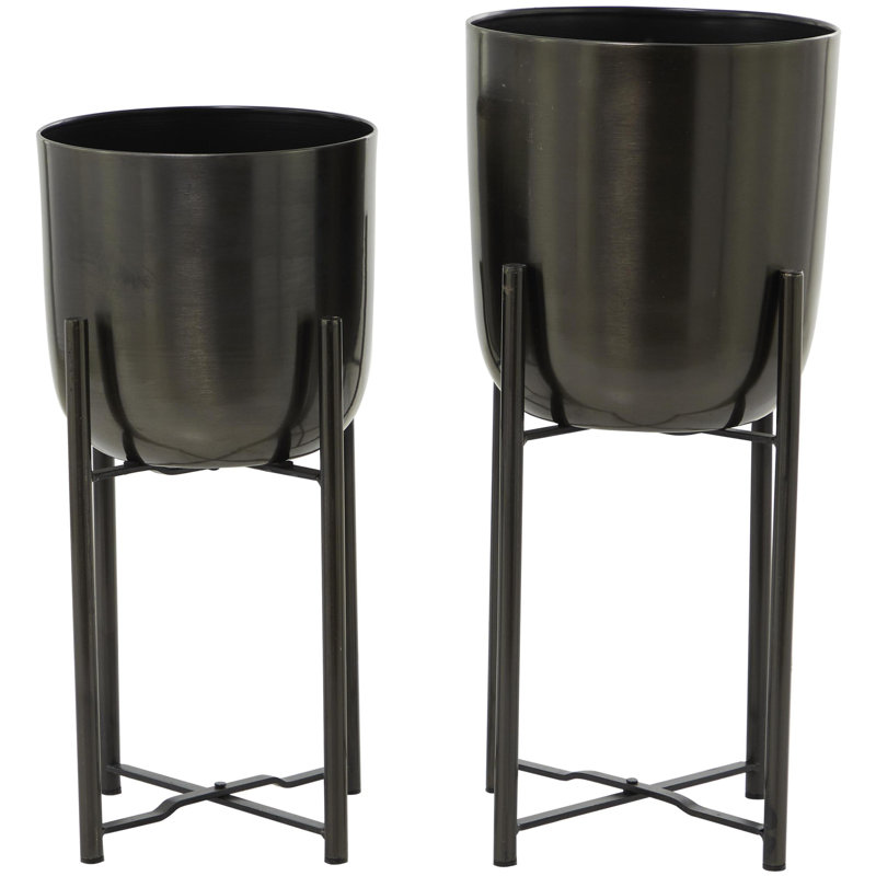 2 - Piece Metal Dome Indoor Outdoor Planter with Removable Stand Set, Black