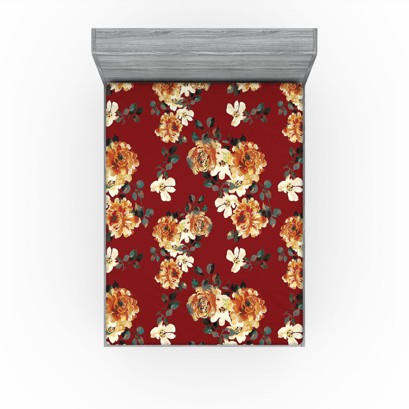 Drap-housse floral Ambesonne, Rubis, ambre, gris, bleu sarcelle / floral, Drap-housse grand