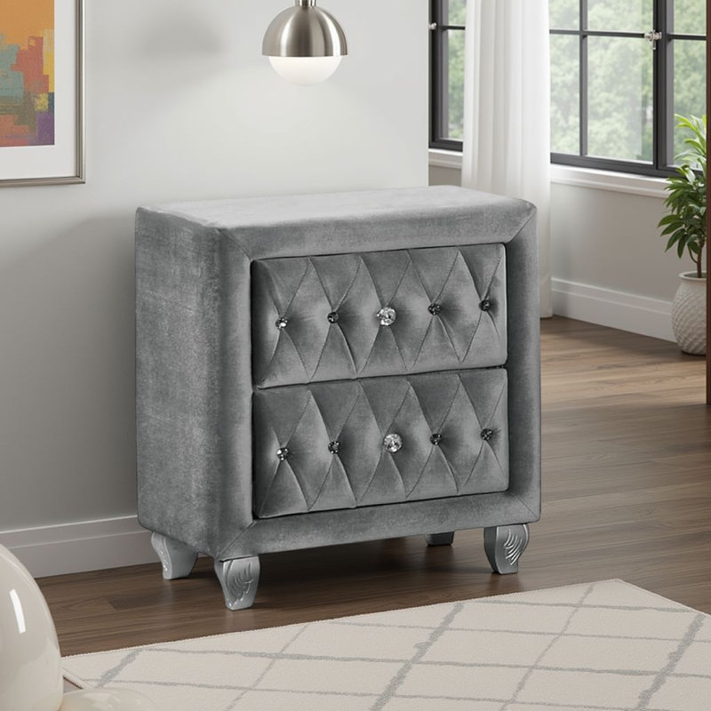 Table de chevet Rea, 26 po, 2 tiroirs, tissu gris capitonné