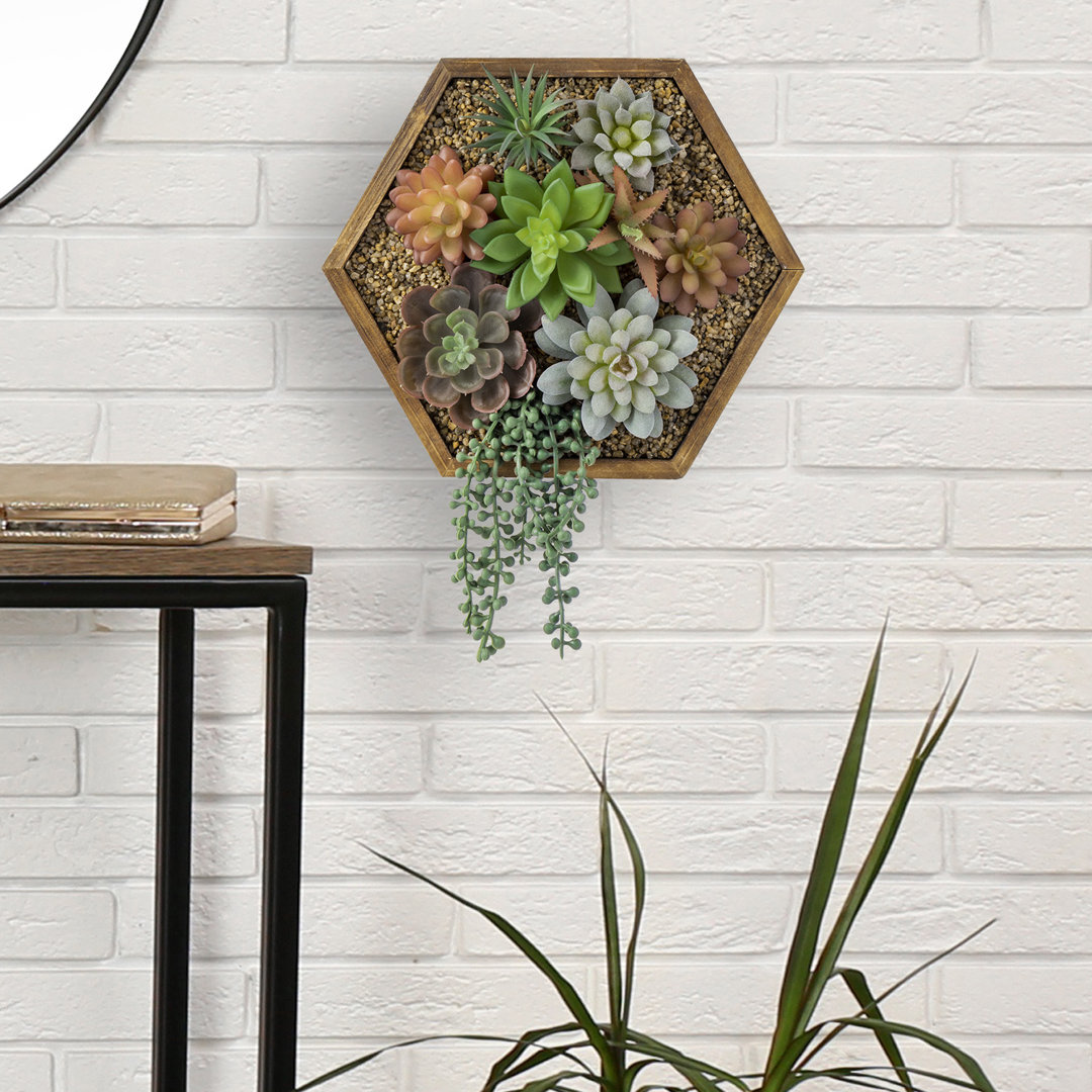 11.41'' Faux Succulent in Solid Wood Planter Primrue
