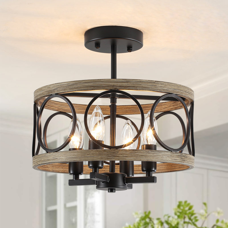 4-ligh 12.6" Dimmable Farmhouse Rustic Hollow Drum Semi-flush Mount Ceiling Light For Kitchen Island Living Room Bedroom Entryway