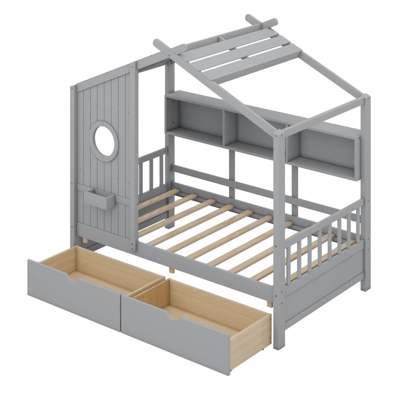 Lompico Wooden House Bed, Twin, Gray
