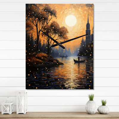 Horloge murale jaune Golden Canal Glow II - paysage et nature surdimensionnée