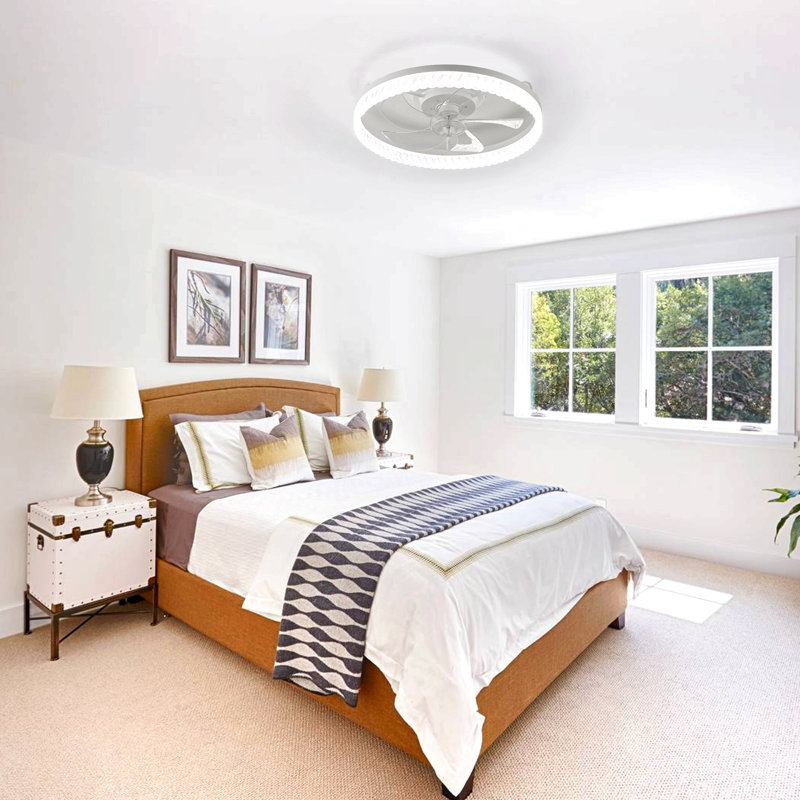 19" White Feather Bedroom Fan Light With Remote Control, Dimmable, 7 Blades, Reversible DC Motor, With LED Light