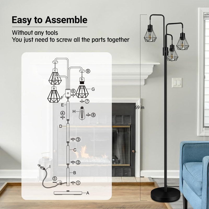 Boostarea Industrial Floor Lamp With Metal Diamond Lampshade, Modern 3-Light Stand Up Lamp For Bedroom, Living Room, Office, Kids Room, Reading, Corded Electric, Remote Control, LED Compatible