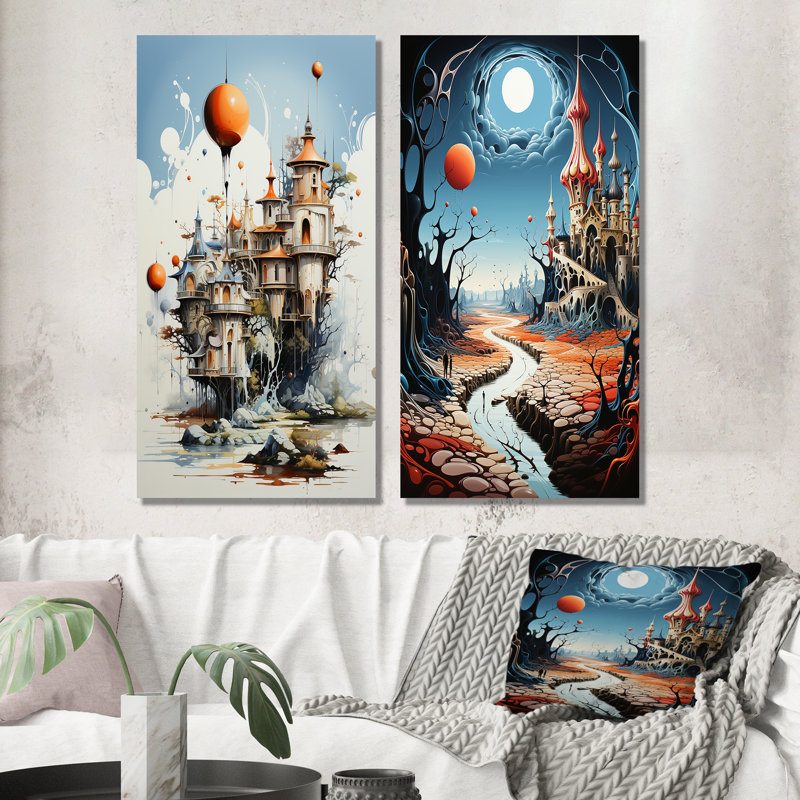 «Surréalisme, ville, rêve, vol, imaginaire», 2 pièces, Toile tendue, H 40 po x l 40 po