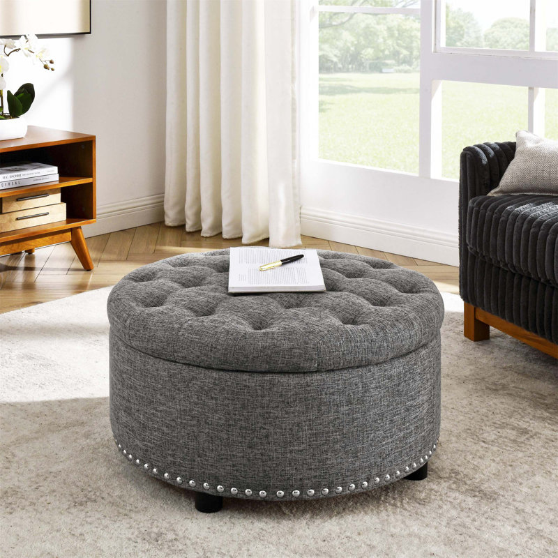 Repose-pieds capitonné avec rangement en lin durable, idéal pour organiser et rehausser la décoration intérieure, Gris foncé