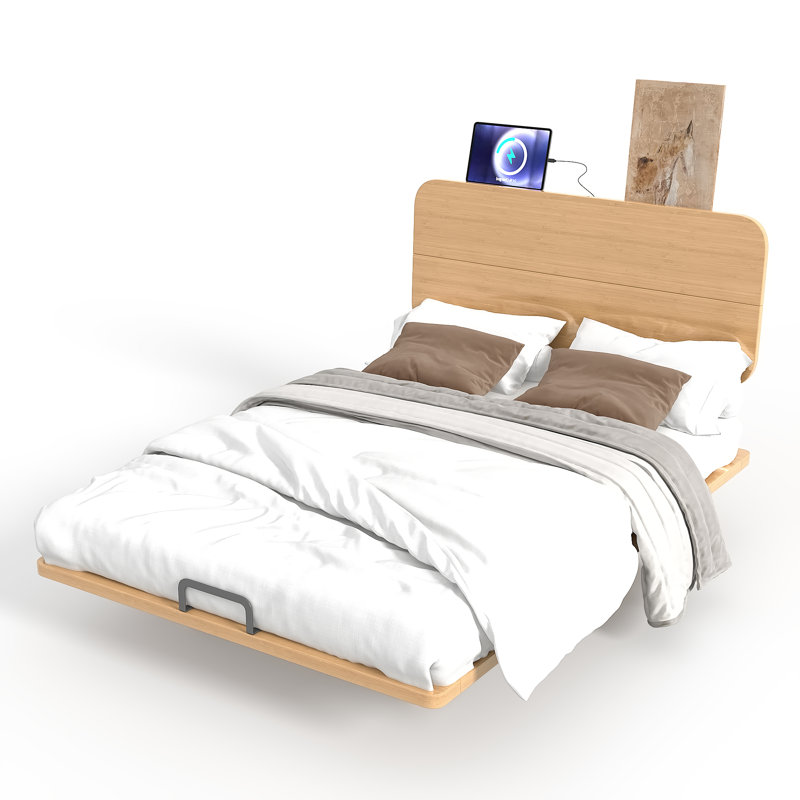 Size Natural Solid Bamboo Floating Platform Bed With Headboard & Built-In Usb/Type-C Ports, No Box Spring Needed, Support Slats For Bedroom & Guest Rooms