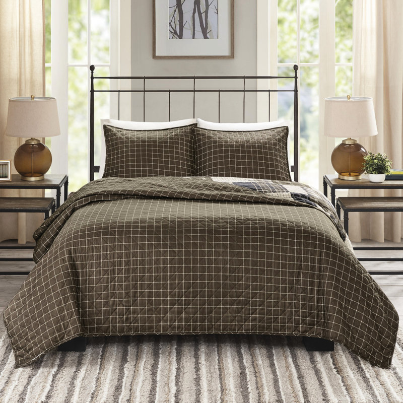 Courtepointe 3 pièces - noir / brun, réversible, microfibre, matelassage en canaux, imprimé réversible facile d'entretien, toucher doux, taies décoratives à fermeture à glissière