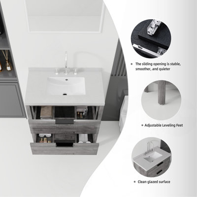 Meuble-lavabo autoportant de 76 cm avec lavabo, tiroir à fermeture amortie, comptoir et dosseret en marbre synthétique blanc granité de 5 cm, contreplaqué