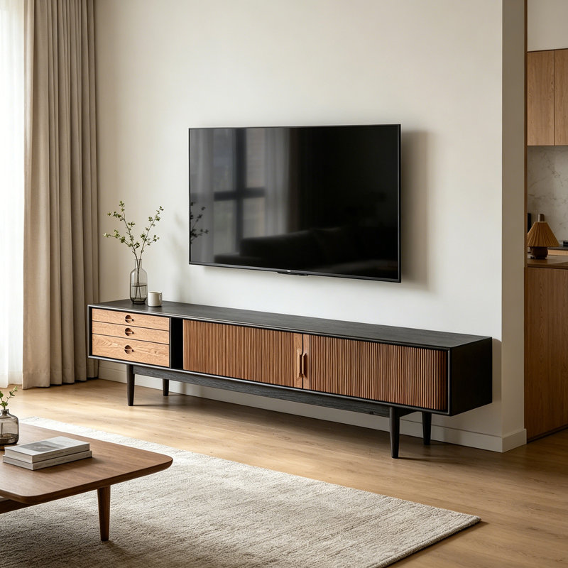 Meuble télé en bois Retro, H 23,62 po x L 94,48 po x l 15,74 po, Brun / Noir
