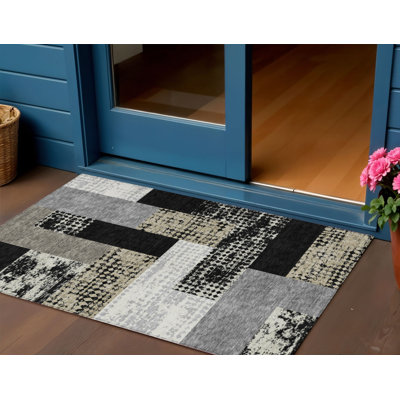 3' X 5' Black Taupe And Ivory Geometric Washable Indoor Outdoor Area Rug