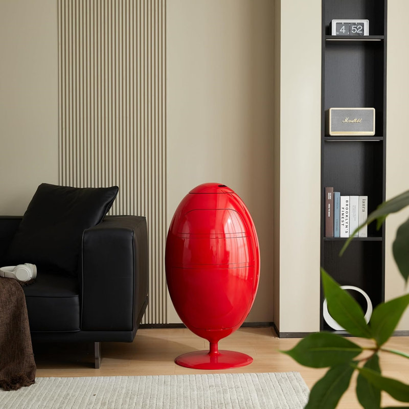360° Rotating Red Egg-Shaped Storage Cabinet, Modern 6-Drawer Sculptural Accent Chest with Top Compartment, Freestanding Novelty Organizer