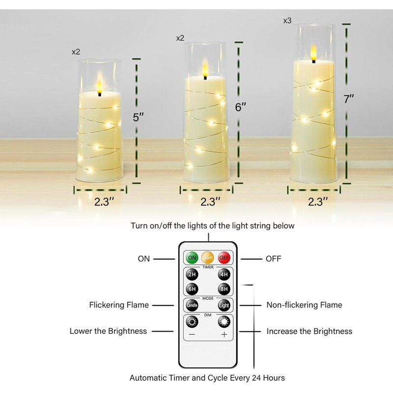 Flameless Candles With Embedded Star String, Battery Operated LED Pillar Candles With Timer And Remote Control,Home Decorating For Ambiance, Set Of 7 (D 2.3"×H 5" 5" 6" 6" 7" 7" 7")(Gold)