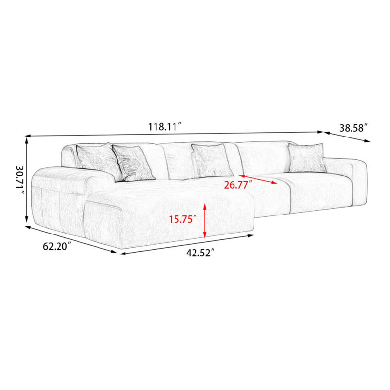 Canapé modulaire 2 pièces rembourré, Face à la gauche, H 30,71 po x l 118,11 po x P 62,2 po