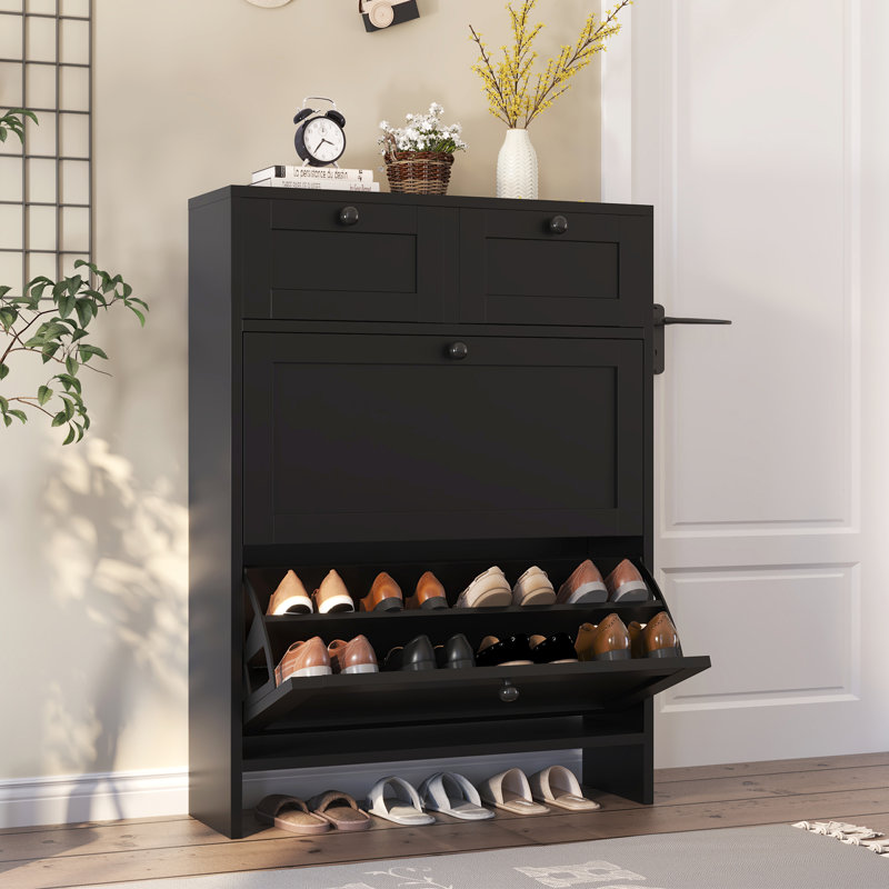 Armoire de rangement pour chaussures 16 paires avec 2 tiroirs rabattables, armoire à chaussures avec 2 tiroirs de rangement pour vestibule étroit