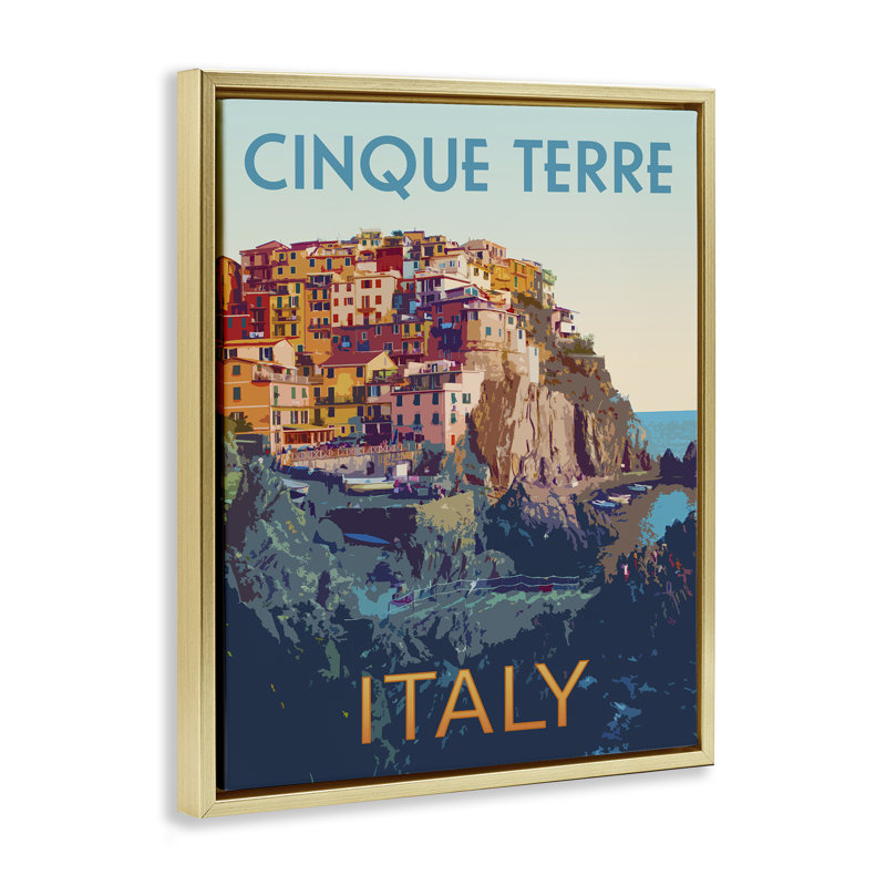 Cadre flottant Italian Coast Cityscape, design par Victoria Barnes, H 21 po x l 17 po, Cadre flottant métallique doré