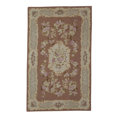 Tapis rond beige, brun et rose noué à la main de haute qualité