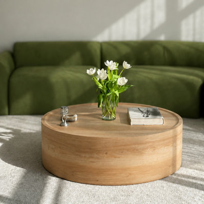 39.37" Round Coffee Table with Natural Wood Grain for Living Room, Modern Drum Circle Coffee Table for Living Room, No Need Assembly