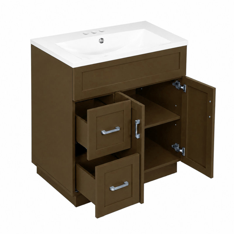Meuble-lavabo de style campagnard de 76 cm avec lavabo en céramique, Brown