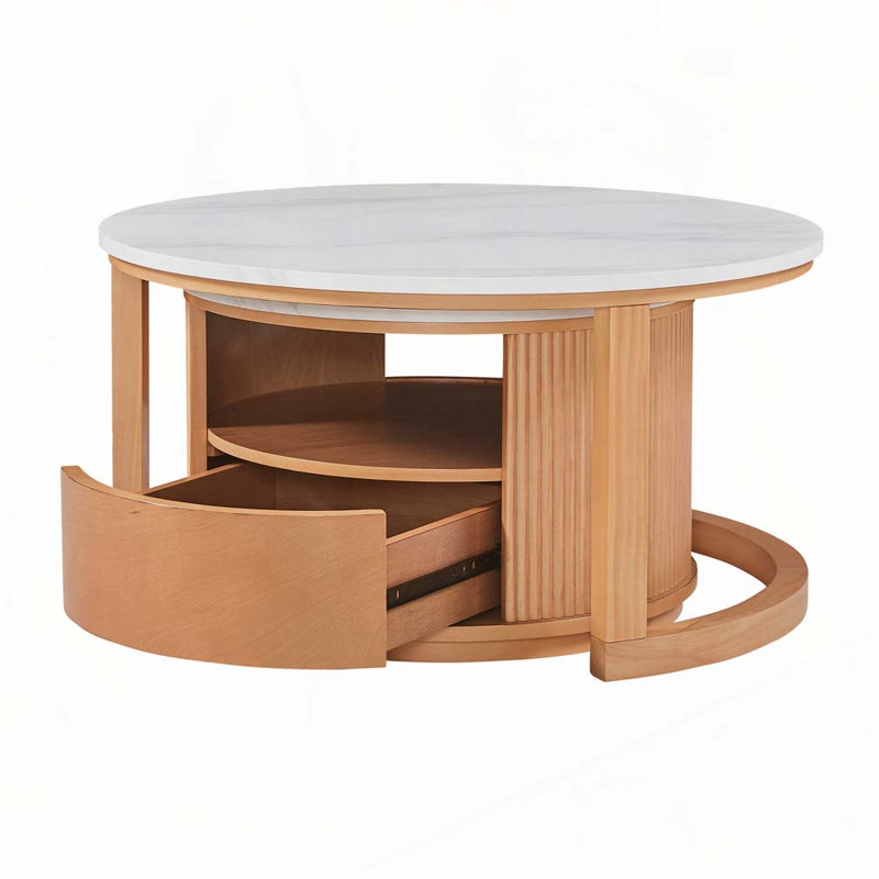 Table basse ronde avec plateau en marbre blanc, rangement à 2 niveaux et 1 tiroir