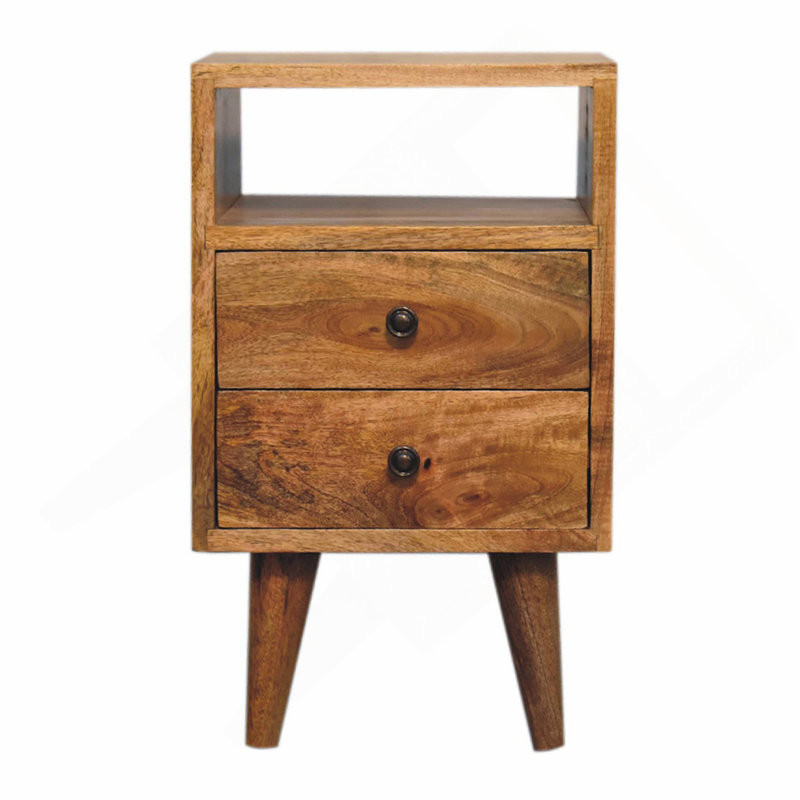 Mini table de chevet classique en bois massif chêne massif, 2 tiroirs, 1 fente ouverte, pieds nordiques, brun clair