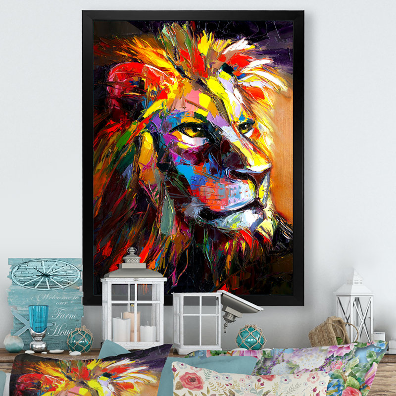 Zodiaque lion multicolore - Peinture, Cadre photo noir, H 32 po x l 16 po