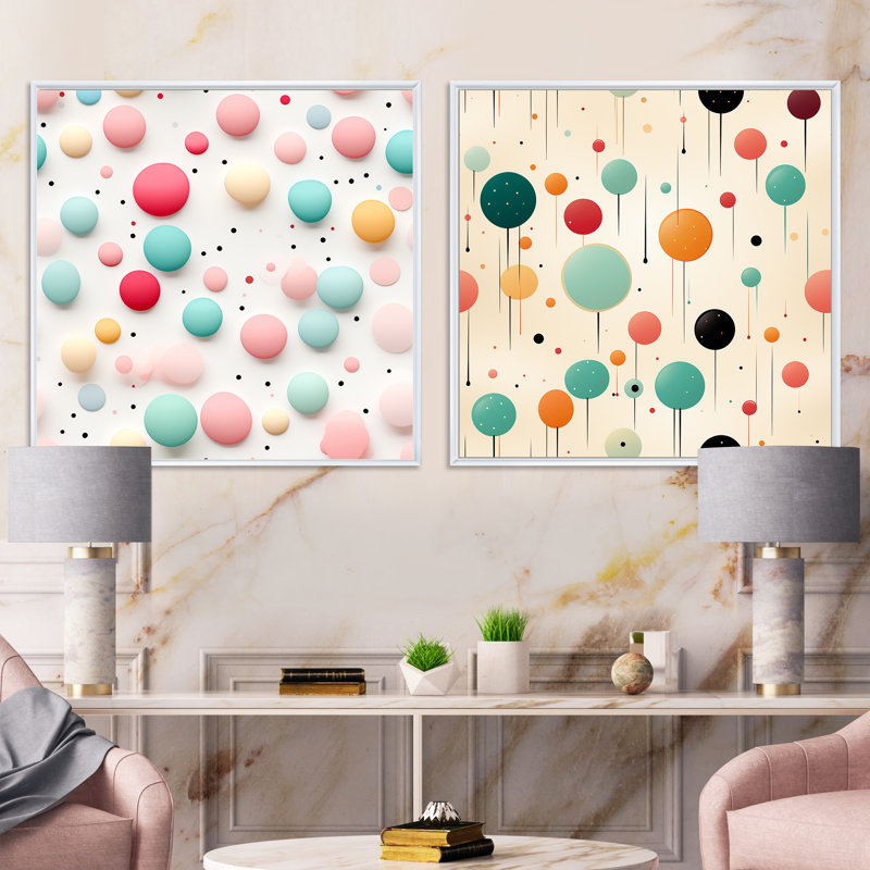 Funky Polka Dot Delights - Ensemble de 2 collages carrés à formes abstraites, Cadre flottant blanc, H 36 po x l 73 po