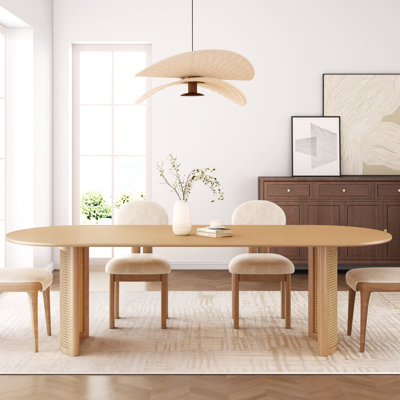 30"H×33.5"D Oval Wood Dining Table Kitchen Table with Rattan Double Pedestal