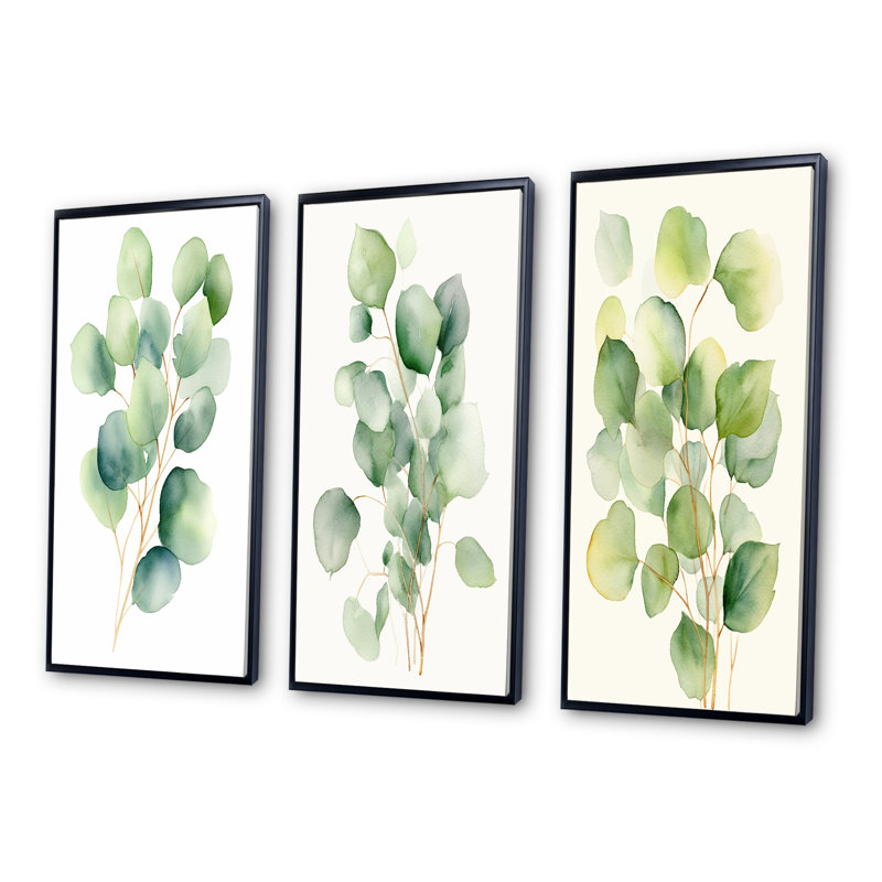«White Green Minimalisme Eucalyptus Essence» 3 - pièces sur toile, Cadre flottant noir, H 28 po x l 36 po