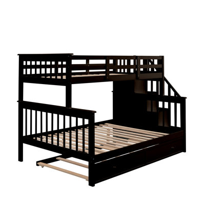 Twin Over Full Bunk Bed with Trundle, Storage Drawers & Guard Rail, Staircase Wood Frame for Bedroom or Dorm