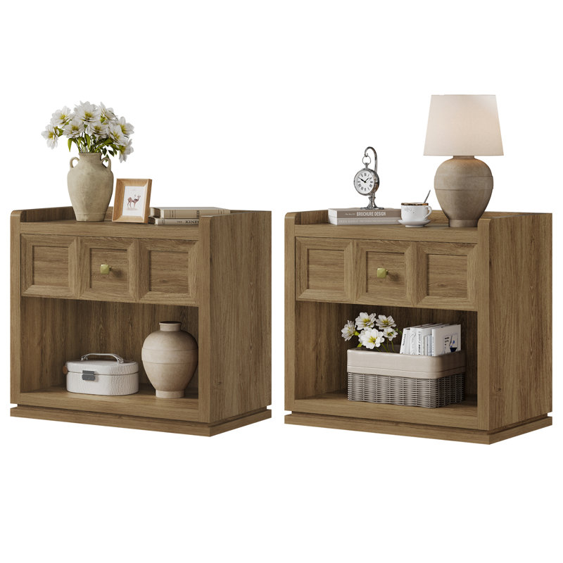 Tables de chevet l 30,7 po Helio avec 1 tiroir et 1 armoire de rangement ouverte, Naturel, H 25 po x l 25,7 po x P 15,4 po