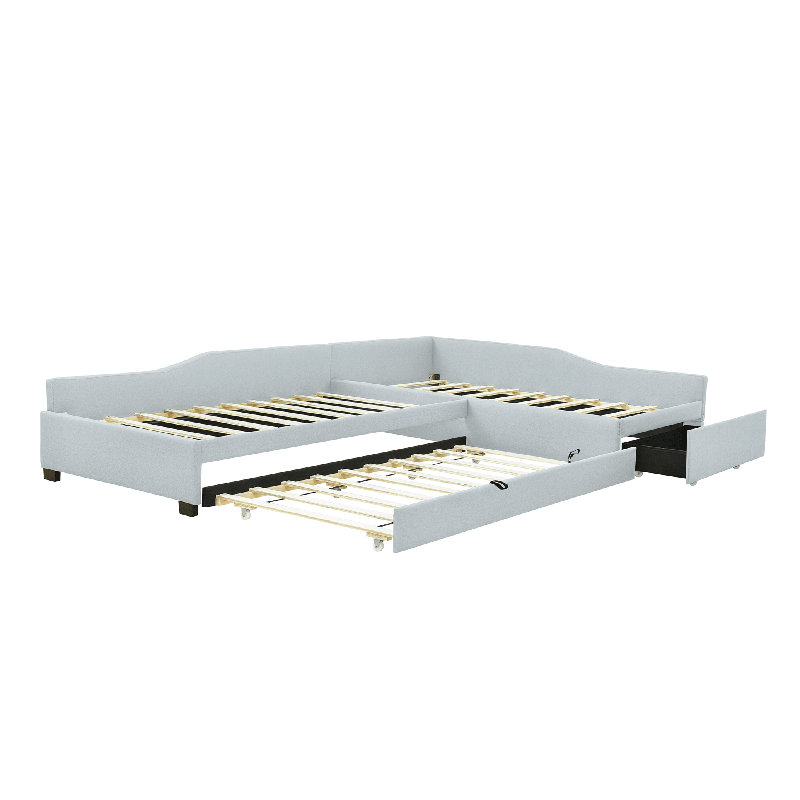 Upholstered Double Twin Size Daybed With Trundle And Drawer, Beige